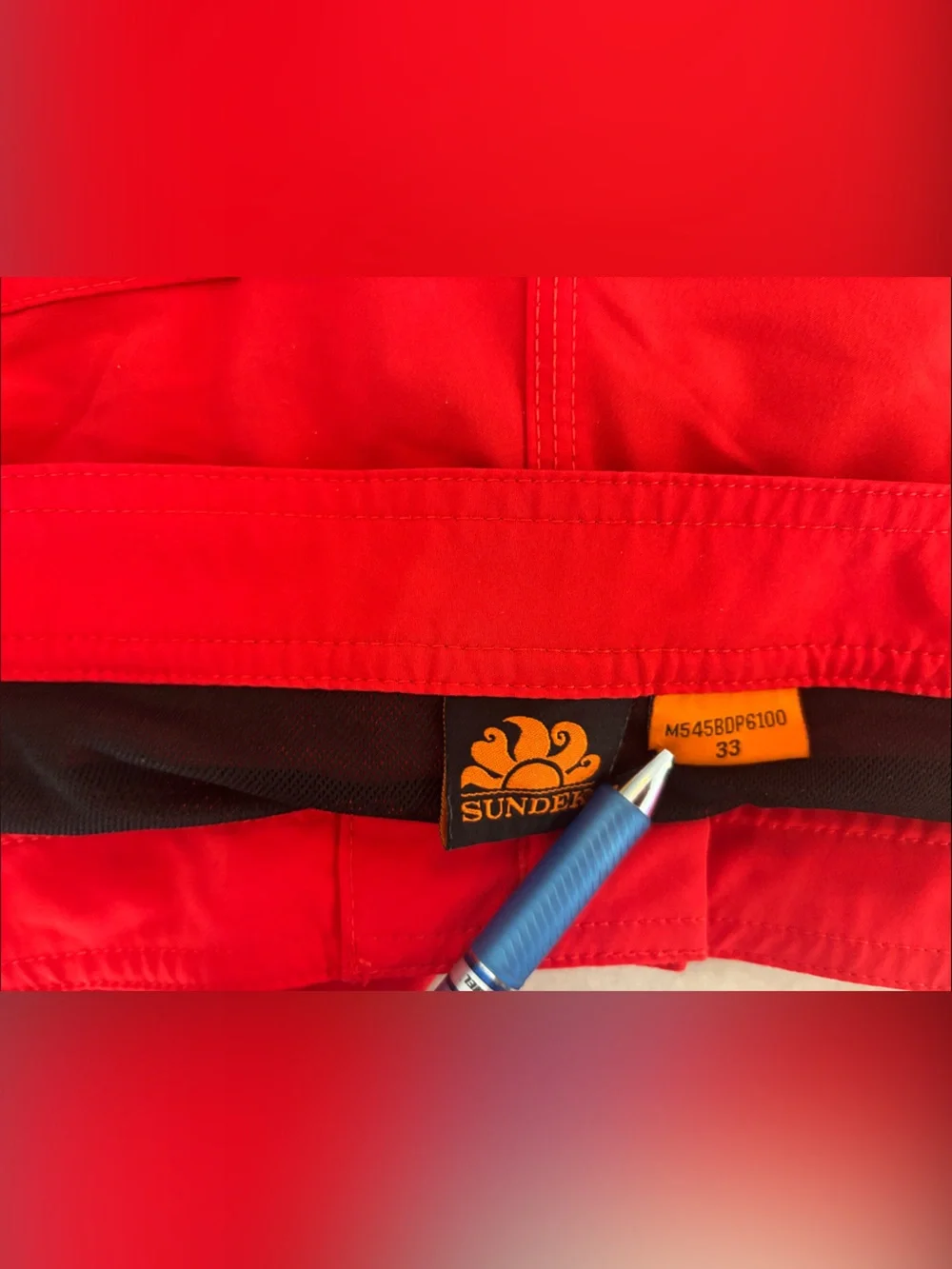 Sundek Red Swim Trunks with Black and White Stripe Accent